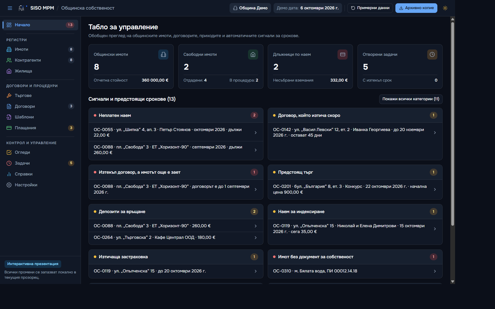 Табло за управление в SISO CLM Общинска собственост (Тъмна тема)