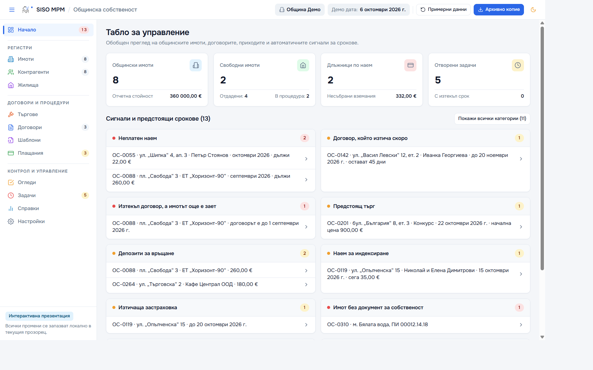Табло за управление в SISO CLM Общинска собственост (Светла тема)